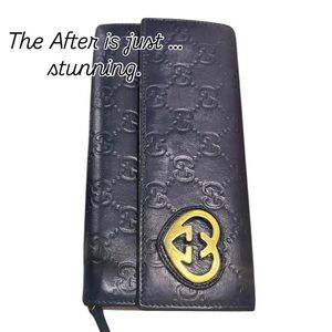 Gucci Navy Leather Wallet with Gold Logo